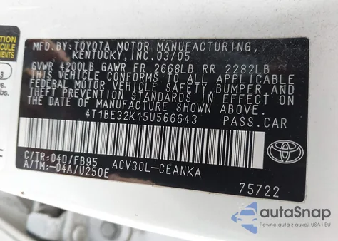 2005 Toyota Camry Le from USA, damaged, VIN 4T1BE32K15U566643